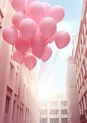 JPG 편집이미지 분홍색 하늘 거리 풍경 사람없음 건물 도시 풍선 편집실사 AI포토 AI콘텐츠 건축물 컬러 CG 파일형식