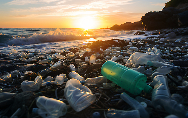 JPG 편집이미지 파도 바다 사람없음 햇빛 태양 일몰 돌_바위 플라스틱 사회이슈 가득함 페트병 해양쓰레기 편집실사 AI포토 AI콘텐츠 자연요소 컨셉 재질 노을 쓰레기 CG 병_담는 파일형식
