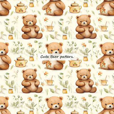 PSD 꽃 화분 잎 패턴 일러스트 곰 주전자 수채화 사람없음 컵 갈색 곰인형 국내일러스트 식물 동물 식기 인형 컬러 무늬 포유류 주방용품 파일형식