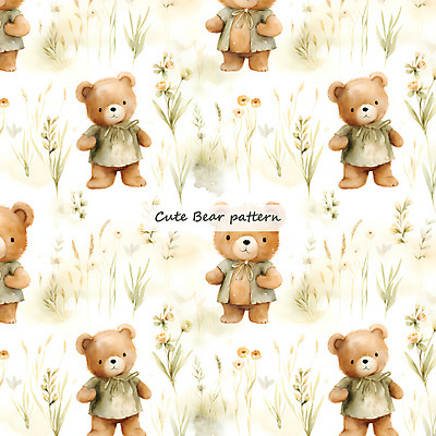 PSD 꽃 잎 패턴 일러스트 곰 수채화 사람없음 초록색 곰인형 풀 국내일러스트 식물 동물 인형 컬러 무늬 포유류 파일형식