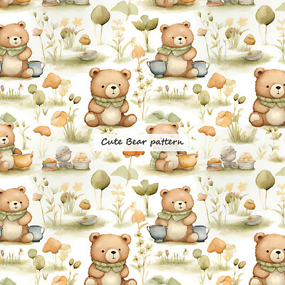 PSD 잎 패턴 일러스트 곰 수채화 사람없음 초록색 버섯 곰인형 풀 국내일러스트 식물 동물 인형 컬러 무늬 포유류 파일형식