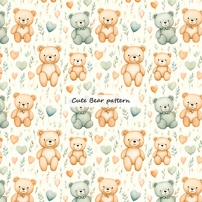 PSD 잎 패턴 일러스트 곰 수채화 사람없음 갈색 곰인형 하트 풀 민트색 국내일러스트 모양 식물 동물 인형 컬러 무늬 포유류 파일형식