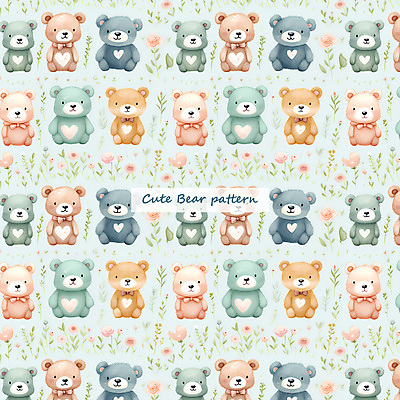 PSD 꽃 하늘색 잎 패턴 일러스트 곰 수채화 사람없음 곰인형 하트 풀 국내일러스트 모양 식물 동물 인형 무늬 포유류 파란색 파일형식