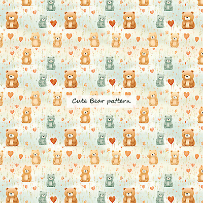 PSD 패턴 일러스트 곰 수채화 사람없음 갈색 곰인형 하트 풀 민트색 국내일러스트 모양 식물 동물 인형 컬러 무늬 포유류 파일형식