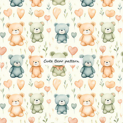 PSD 잎 패턴 일러스트 곰 수채화 사람없음 곰인형 하트 풀 베이지색 국내일러스트 모양 식물 동물 인형 컬러 무늬 포유류 파일형식