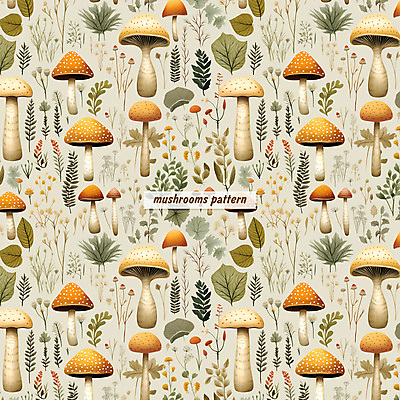 PSD 꽃 잎 패턴 일러스트 자연 수채화 사람없음 버섯 패턴백그라운드 풀 베이지색 국내일러스트 식물 컬러 백그라운드 무늬 생태계 파일형식