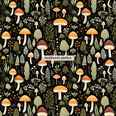 PSD 꽃 잎 패턴 일러스트 자연 수채화 사람없음 검은색 버섯 패턴백그라운드 풀 국내일러스트 식물 컬러 백그라운드 무늬 생태계 파일형식