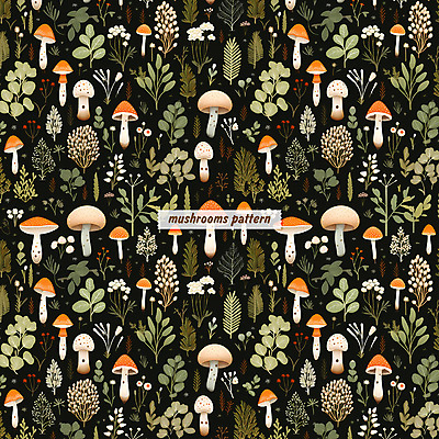 PSD 꽃 잎 패턴 일러스트 자연 수채화 사람없음 검은색 버섯 패턴백그라운드 풀 국내일러스트 식물 컬러 백그라운드 무늬 생태계 파일형식