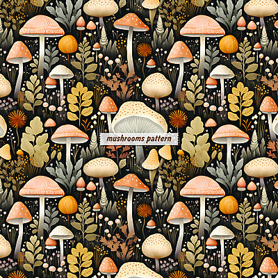 PSD 꽃 잎 패턴 일러스트 자연 수채화 사람없음 검은색 버섯 패턴백그라운드 풀 국내일러스트 식물 컬러 백그라운드 무늬 생태계 파일형식