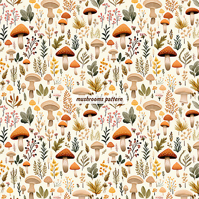 PSD 꽃 잎 패턴 일러스트 자연 수채화 사람없음 버섯 패턴백그라운드 풀 베이지색 국내일러스트 식물 컬러 백그라운드 무늬 생태계 파일형식