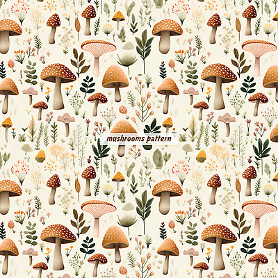 PSD 꽃 잎 패턴 일러스트 자연 수채화 사람없음 버섯 패턴백그라운드 풀 베이지색 국내일러스트 식물 컬러 백그라운드 무늬 생태계 파일형식