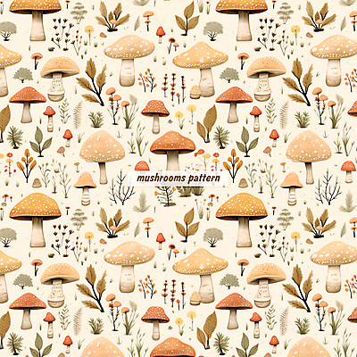 PSD 꽃 잎 패턴 일러스트 자연 수채화 사람없음 주황색 버섯 패턴백그라운드 풀 국내일러스트 식물 컬러 백그라운드 무늬 생태계 파일형식