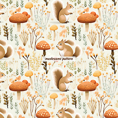 PSD 꽃 잎 패턴 일러스트 자연 수채화 사람없음 주황색 버섯 패턴백그라운드 풀 다람쥐 국내일러스트 식물 컬러 백그라운드 무늬 설치류 생태계 파일형식