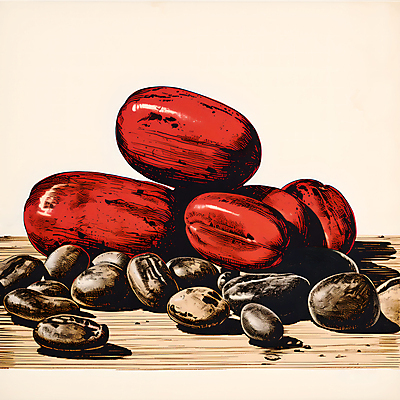 JPG 디자인 포스터 일러스트 사람없음 빨간색 원두 디지털합성 그림 나무탁자 국내일러스트 AI일러스트 AI콘텐츠 커피 컬러 탁자 파일형식