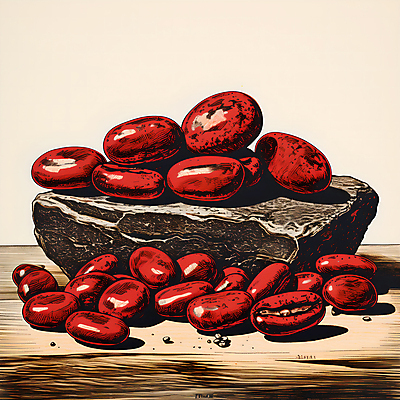 JPG 디자인 포스터 일러스트 사람없음 빨간색 원두 돌_바위 디지털합성 그림 나무탁자 국내일러스트 AI일러스트 AI콘텐츠 커피 컬러 탁자 파일형식