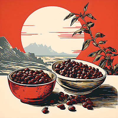 JPG 그릇 디자인 포스터 일러스트 산 사람없음 빨간색 태양 원두 원형 풀잎 디지털합성 그림 담기 국내일러스트 AI일러스트 AI콘텐츠 자연요소 도형 식기 커피 컬러 잎 모션 풀_식물 파일형식