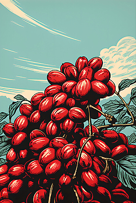 JPG 구름 디자인 포스터 하늘색 일러스트 하늘 나뭇잎 사람없음 빨간색 원두 디지털합성 그림 국내일러스트 AI일러스트 AI콘텐츠 자연요소 커피 컬러 잎 파란색 파일형식