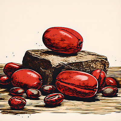 JPG 디자인 포스터 일러스트 사람없음 빨간색 원두 돌_바위 디지털합성 그림 나무탁자 국내일러스트 AI일러스트 AI콘텐츠 커피 컬러 탁자 파일형식