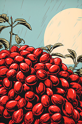 JPG 디자인 포스터 일러스트 하늘 나뭇잎 사람없음 빨간색 태양 원두 원형 디지털합성 그림 국내일러스트 AI일러스트 AI콘텐츠 자연요소 도형 커피 컬러 잎 파일형식