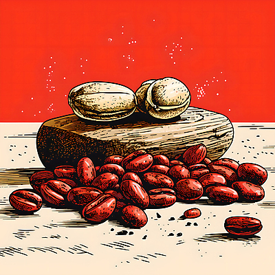 JPG 디자인 포스터 일러스트 사람없음 목재 빨간색 원두 디지털합성 그림 국내일러스트 AI일러스트 AI콘텐츠 나무 커피 컬러 재료 파일형식