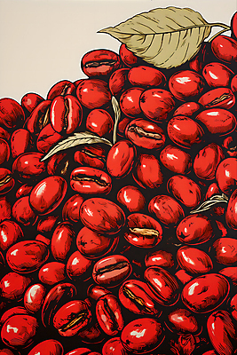 JPG 디자인 포스터 일러스트 나뭇잎 사람없음 빨간색 원두 가득함 디지털합성 그림 국내일러스트 AI일러스트 AI콘텐츠 커피 컬러 잎 파일형식