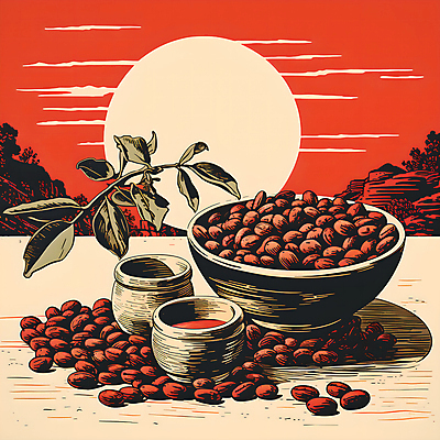 JPG 그릇 디자인 포스터 일러스트 나뭇잎 산 사람없음 빨간색 태양 원두 원형 디지털합성 그림 담기 국내일러스트 AI일러스트 AI콘텐츠 자연요소 도형 식기 커피 컬러 잎 모션 파일형식