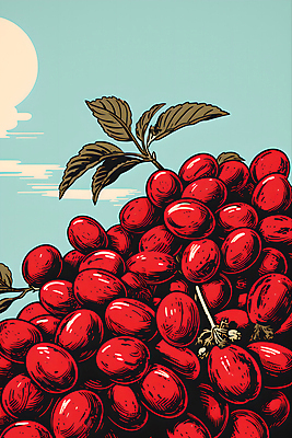 JPG 디자인 포스터 일러스트 하늘 나뭇잎 사람없음 빨간색 원두 디지털합성 그림 국내일러스트 AI일러스트 AI콘텐츠 커피 컬러 잎 파일형식