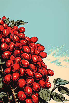 JPG 디자인 포스터 일러스트 하늘 나뭇잎 사람없음 빨간색 원두 디지털합성 그림 국내일러스트 AI일러스트 AI콘텐츠 커피 컬러 잎 파일형식