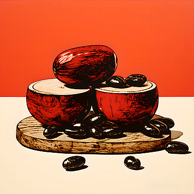 JPG 디자인 포스터 일러스트 사람없음 빨간색 원두 디지털합성 그림 나무받침 국내일러스트 AI일러스트 AI콘텐츠 커피 컬러 목재 받침대 파일형식