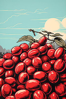 JPG 구름 디자인 포스터 일러스트 나뭇잎 사람없음 빨간색 원두 디지털합성 그림 국내일러스트 AI일러스트 AI콘텐츠 자연요소 커피 컬러 잎 파일형식