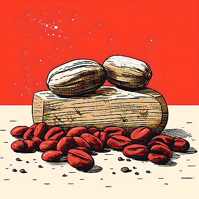 JPG 디자인 포스터 일러스트 사람없음 빨간색 원두 디지털합성 그림 나무받침 국내일러스트 AI일러스트 AI콘텐츠 커피 컬러 목재 받침대 파일형식