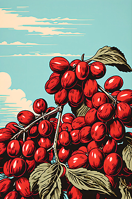 JPG 구름 디자인 포스터 일러스트 하늘 나뭇잎 사람없음 빨간색 원두 나뭇가지 디지털합성 그림 국내일러스트 AI일러스트 AI콘텐츠 자연요소 나무 커피 컬러 잎 파일형식