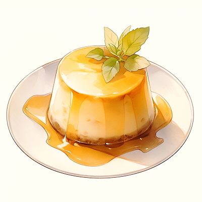 JPG 무료이미지 접시 음식 잎 일러스트 수채화 사람없음 노란색 푸딩 국내일러스트 AI일러스트 AI콘텐츠 식물 식기 컬러 디저트 파일형식
