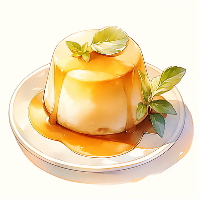 JPG 접시 음식 잎 일러스트 수채화 사람없음 푸딩 국내일러스트 AI일러스트 AI콘텐츠 식물 식기 디저트 파일형식