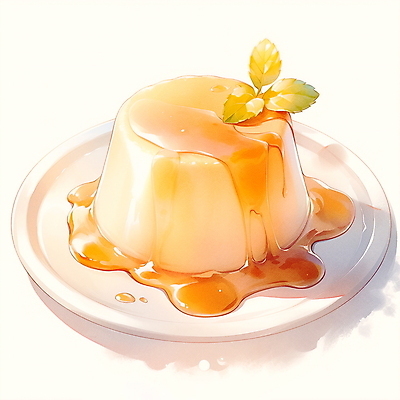 JPG 접시 음식 잎 일러스트 수채화 사람없음 노란색 푸딩 국내일러스트 AI일러스트 AI콘텐츠 식물 식기 컬러 디저트 파일형식