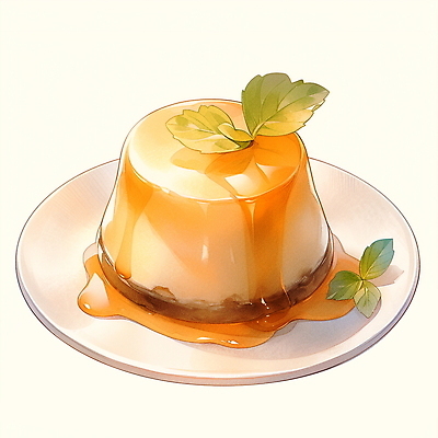 JPG 접시 음식 잎 일러스트 수채화 사람없음 주황색 푸딩 국내일러스트 AI일러스트 AI콘텐츠 식물 식기 컬러 디저트 파일형식
