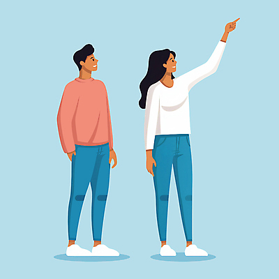 전신 PSD 여자 남자 행복 일러스트 성공 서기 성인 두명 기쁨 가리킴 즐거움 긍정 성인만 국내일러스트 감정 컨셉 모션 사람 손짓 파일형식