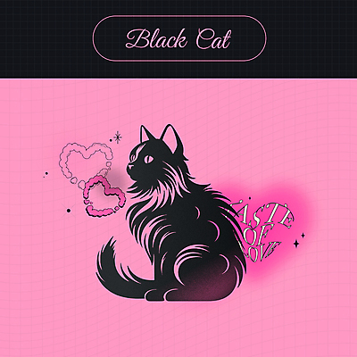 분홍색 스티커 일러스트 사랑 사람없음 귀여움 검은색 고양이 하트 키치 국내일러스트 AI파일 모양 감정 컬러 컨셉 포유류 반려동물 파일형식 벡터