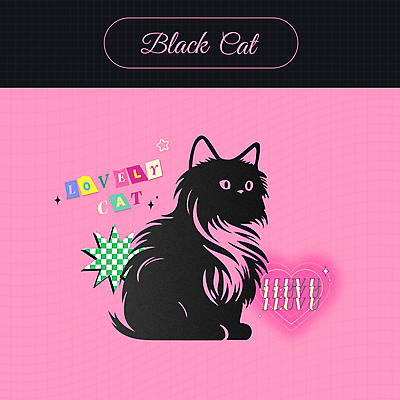 분홍색 스티커 일러스트 사랑 사람없음 귀여움 검은색 고양이 하트 키치 국내일러스트 AI파일 모양 감정 컬러 컨셉 포유류 반려동물 파일형식 벡터