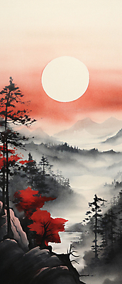 JPG 나무 일러스트 자연 하늘 수묵화 풍경 사람없음 태양 일몰 동양화 번짐 산맥 국내일러스트 AI일러스트 AI콘텐츠 자연요소 식물 산 미술 노을 생태계 파일형식 효과