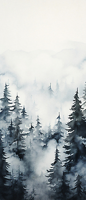 JPG 나무 일러스트 자연 하늘 수묵화 풍경 사람없음 검은색 안개 숲 동양화 번짐 국내일러스트 AI일러스트 AI콘텐츠 식물 컬러 날씨 미술 생태계 파일형식 효과