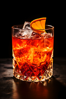 JPG 편집이미지 술잔 한잔 주류 사람없음 갈색 얼음 레몬 레몬장식 네그로니 편집실사 AI포토 AI콘텐츠 자연요소 1 음료 컬러 과일 잔 장식 칵테일 CG 파일형식