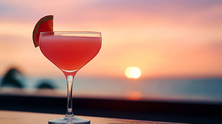 JPG 편집이미지 분홍색 술잔 한잔 주류 풍경 해변 사람없음 태양 일몰 칵테일 레몬 레몬장식 편집실사 AI포토 AI콘텐츠 자연요소 1 음료 바다 컬러 과일 잔 장식 노을 CG 파일형식