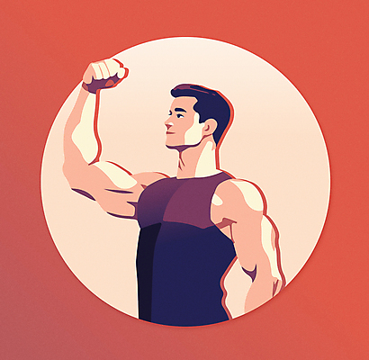 라이프스타일 남자 일러스트 근육 한명 상반신 성인 운동복 손들기 보라색 헬스 주황색 주먹 열정 성인남자한명만 국내일러스트 AI파일 1 옷 감정 컬러 모션 사람 생활 운동 남자한명만 성인남자만 파일형식 벡터