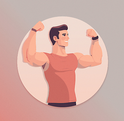 라이프스타일 남자 분홍색 일러스트 근육 한명 미소 상반신 성인 운동복 헬스 주먹 원형 열정 성인남자한명만 국내일러스트 AI파일 도형 1 옷 감정 컬러 모션 표정 사람 생활 운동 남자한명만 성인남자만 파일형식 벡터