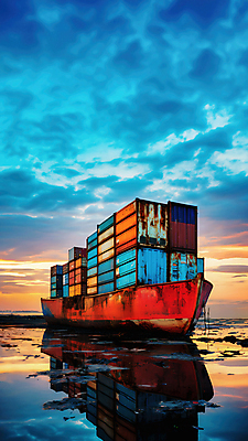 JPG 구름 편집이미지 바다 하늘색 하늘 사람없음 반사 컨테이너 화물선 무역 부식 선박 편집실사 AI포토 AI콘텐츠 자연요소 산업 수상교통 배_교통 파란색 CG 파일형식