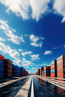 JPG 구름 편집이미지 길 하늘 사람없음 파란색 반사 컨테이너 무역 무역항 편집실사 AI포토 AI콘텐츠 자연요소 산업 컬러 CG 파일형식