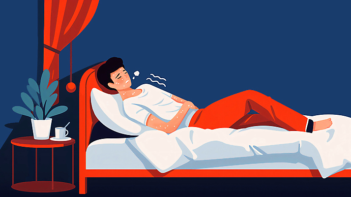 JPG 전신 남자 화분 일러스트 베개 한명 성인 눕기 이불 침대 커튼 감기 땀 협탁 몸살 발열 오한 환절기 성인남자한명만 국내일러스트 AI일러스트 AI콘텐츠 1 계절 가구 침구 모션 사람 질병 증상 남자한명만 성인남자만 파일형식