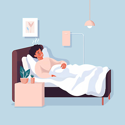 JPG 전신 여자 화분 액자 일러스트 베개 조명 한명 성인 눕기 이불 침대 감기 협탁 몸살 발열 오한 환절기 성인여자한명만 국내일러스트 AI일러스트 AI콘텐츠 1 계절 가구 침구 모션 사람 질병 증상 여자한명만 성인여자만 파일형식