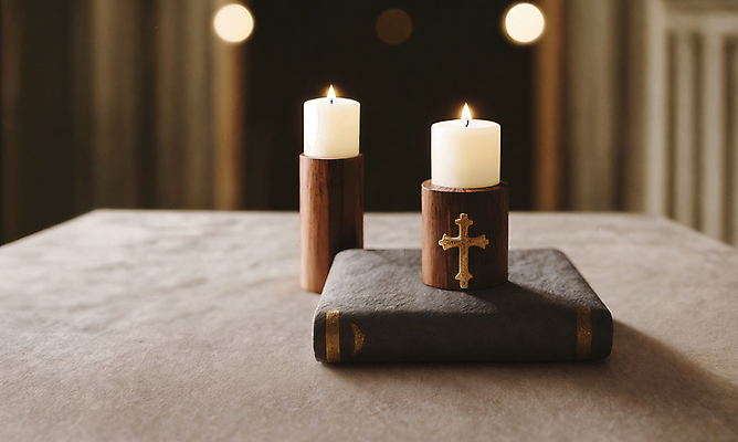 JPG 편집이미지 기독교 십자가 촛불 탁자 사람없음 성경 디지털합성 오브젝트 보케 편집소스 편집실사 AI포토 AI콘텐츠 종교 가구 초 종교용품 CG 파일형식